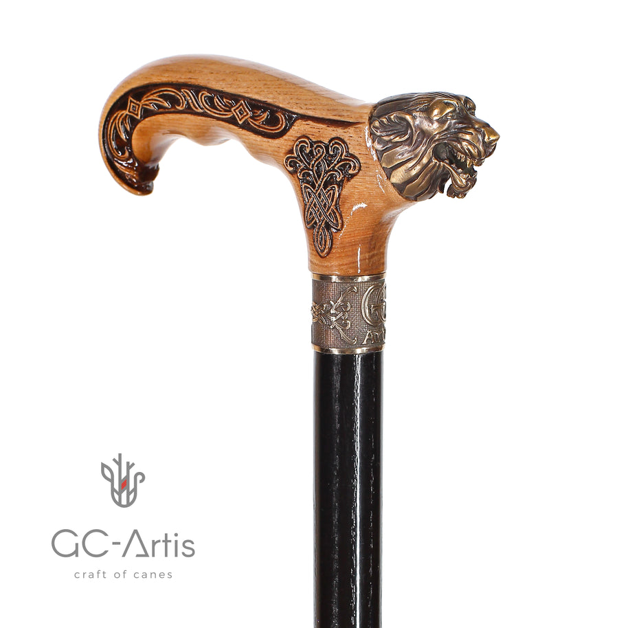 Canne de marche Tête de loup Bronze & Bois