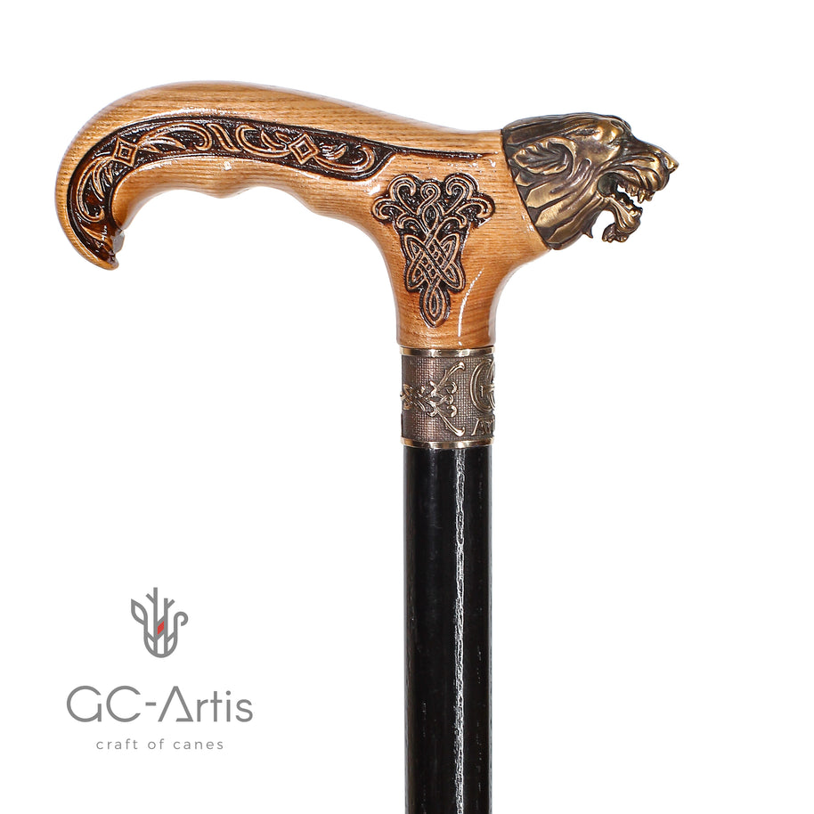 Canne de marche Tête de loup Bronze & Bois