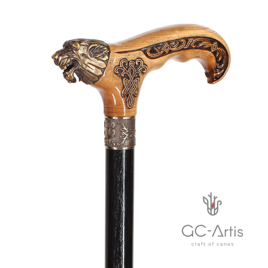 Canne de marche Tête de loup Bronze & Bois