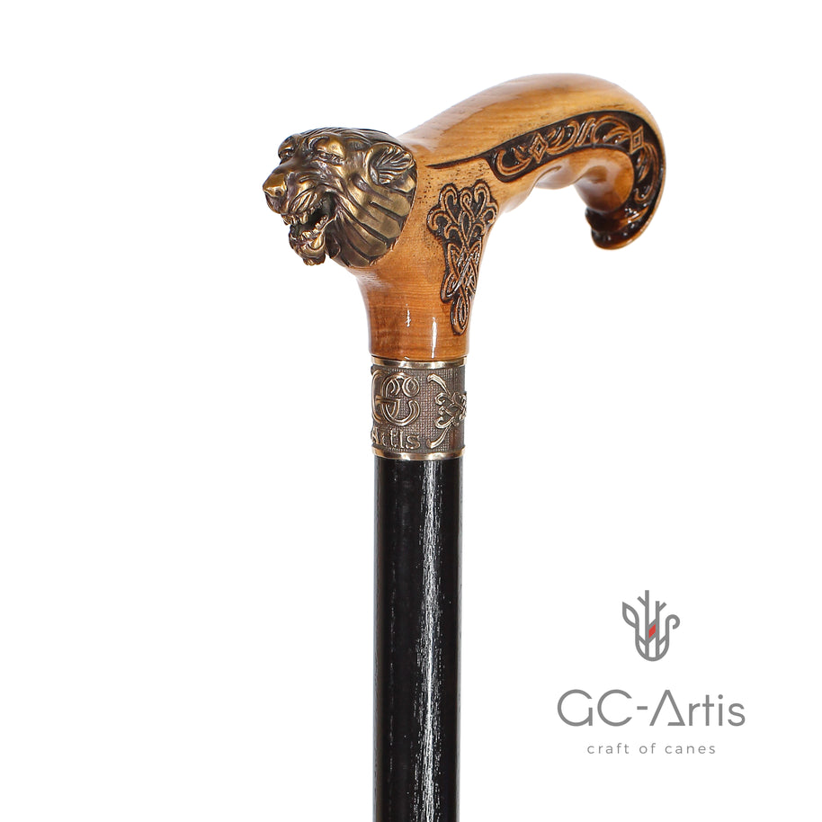 Canne de marche Tête de loup Bronze & Bois