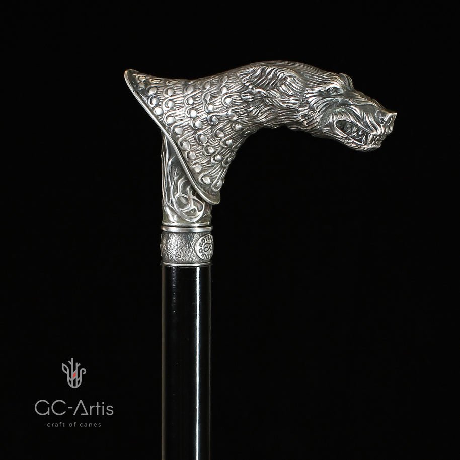 Canne de marche en bronze et plaqué argent Loup Wolfman