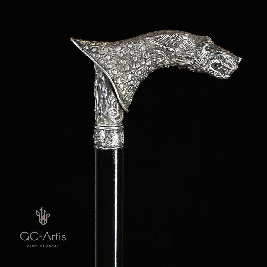 Canne de marche en bronze et plaqué argent Loup Wolfman