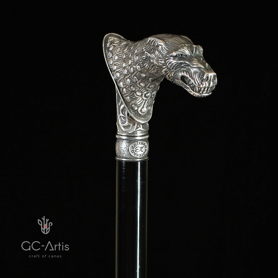 Canne de marche en bronze et plaqué argent Loup Wolfman