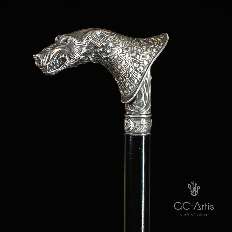 Canne de marche en bronze et plaqué argent Loup Wolfman