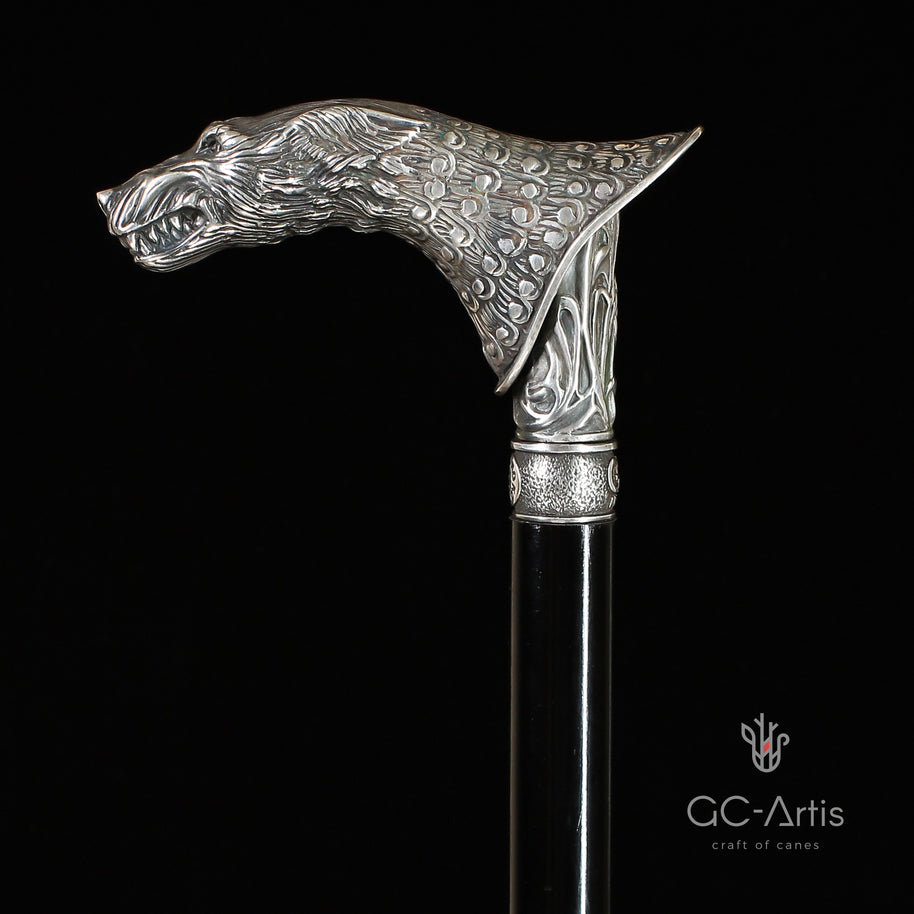 Canne de marche en bronze et plaqué argent Loup Wolfman
