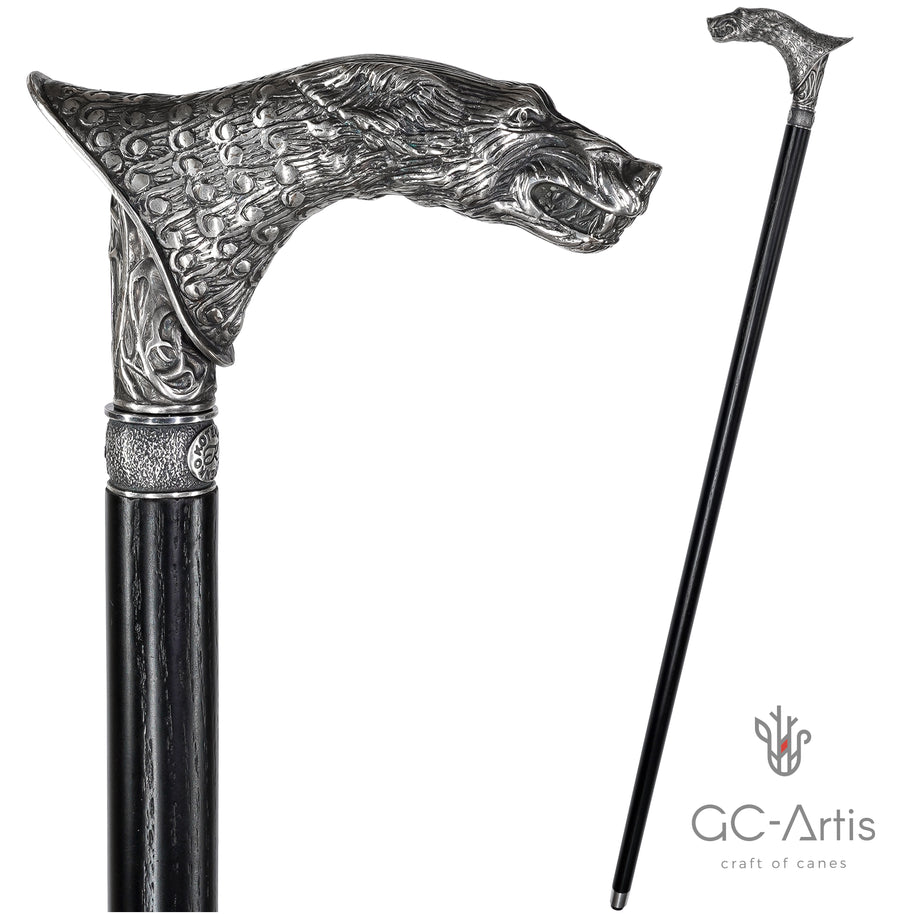 Canne de marche en bronze et plaqué argent Loup Wolfman