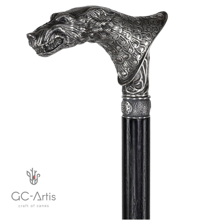 Canne de marche en bronze et plaqué argent Loup Wolfman
