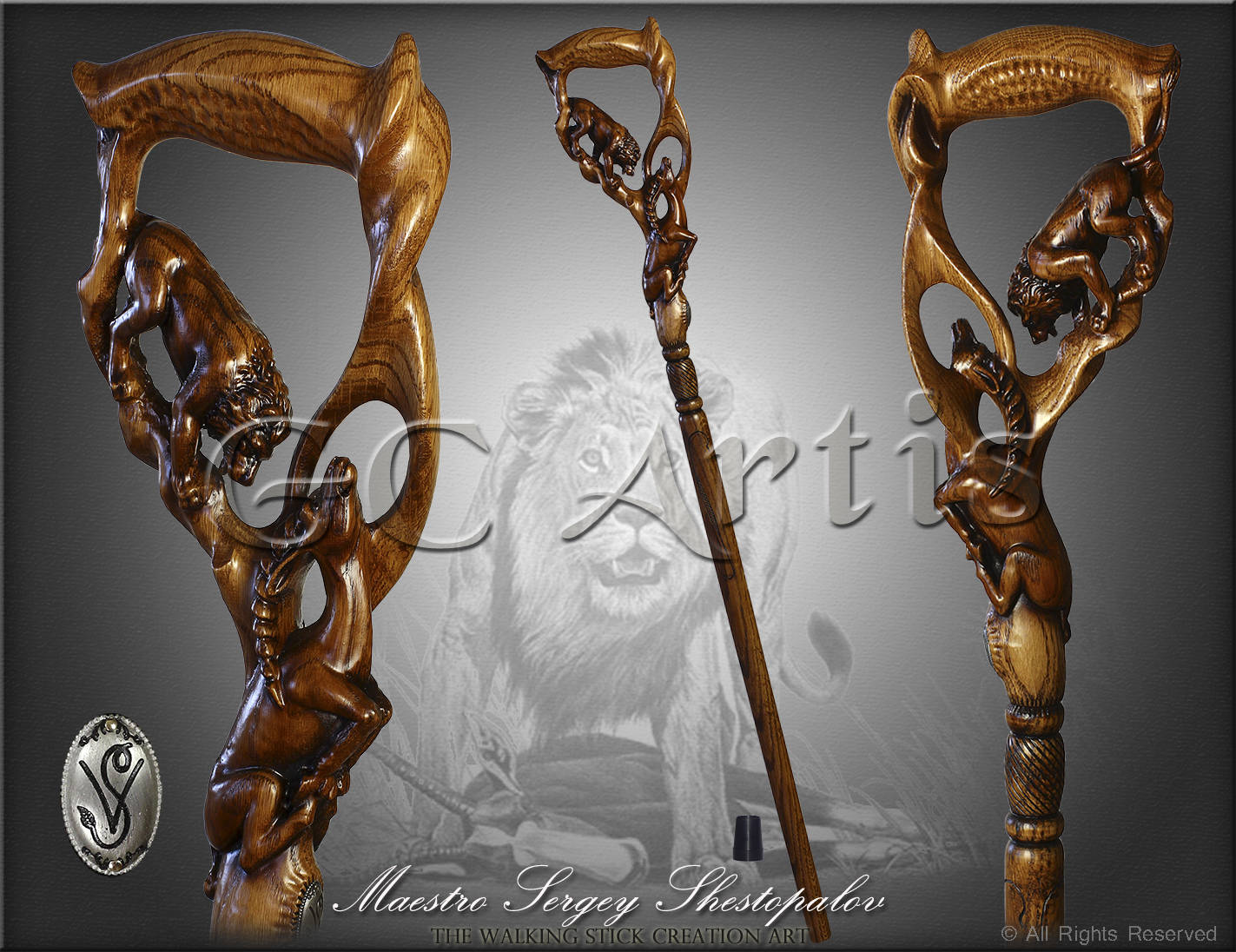 Wooden Cane Walking stick LION & IMPALA Dark - GC-Artis Walking Sticks Canes