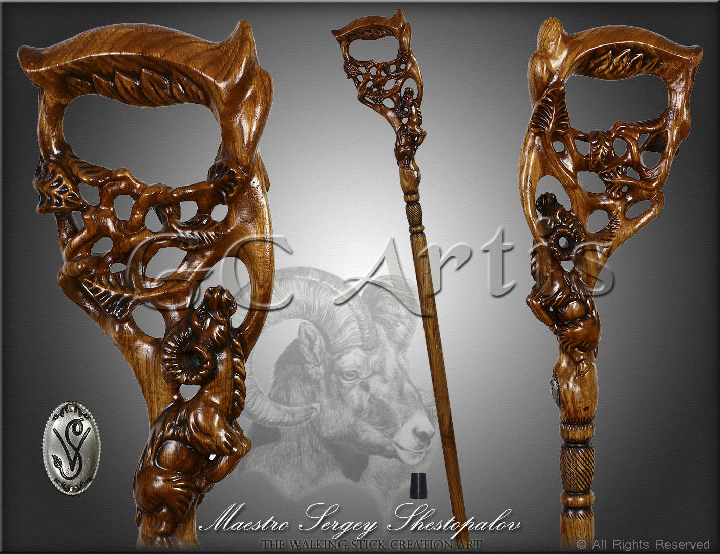 Walking Stick Cane RAM Dark Wooden - GC-Artis Walking Sticks Canes