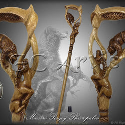 Grizzly Bear & GAZELLE Wood Carved Walking Stick Cane Light - GC-Artis Walking Sticks Canes