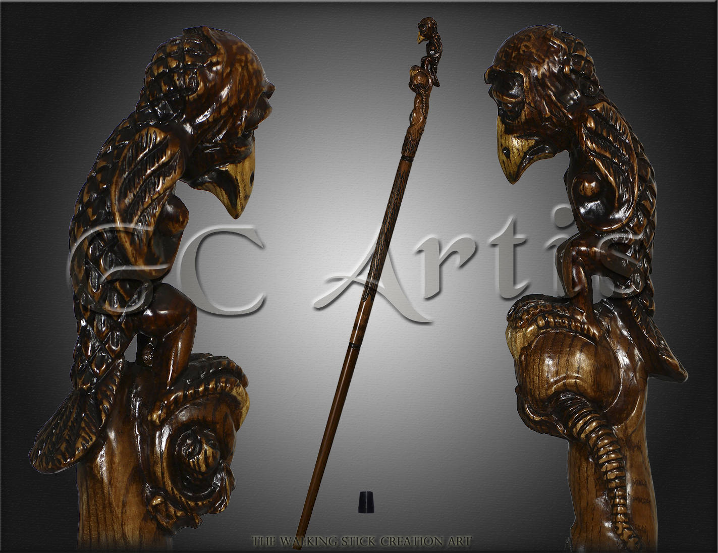 Sad Griffin Totem Extra long wooden walking stick cane Hiking staff - GC-Artis Walking Sticks Canes