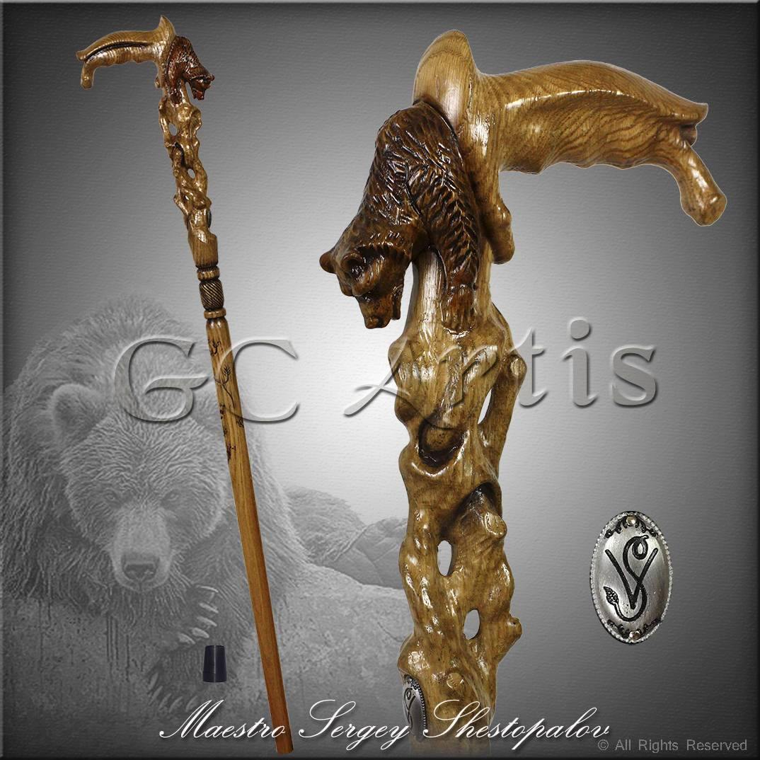 Awakening grizzly bear hand carved walking cane  stick light - GC-Artis Walking Sticks Canes