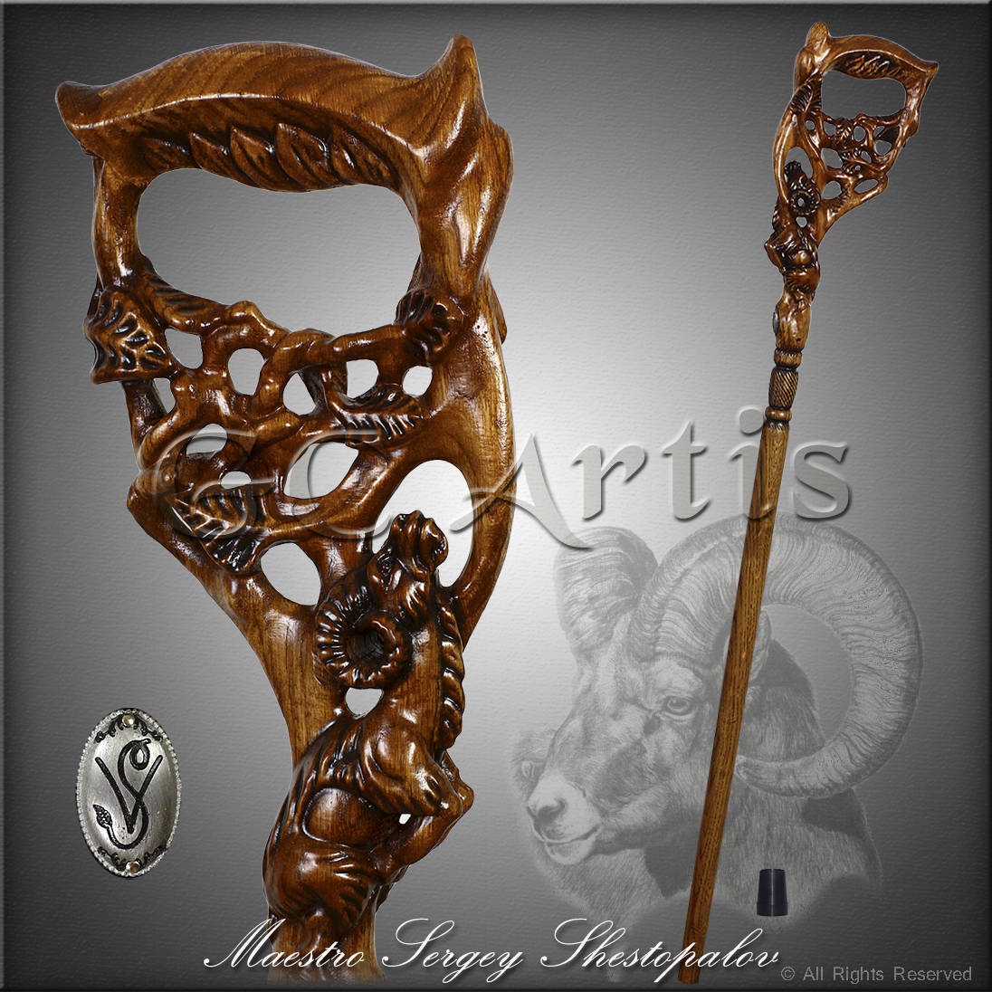 Walking Stick Cane RAM Dark Wooden - GC-Artis Walking Sticks Canes