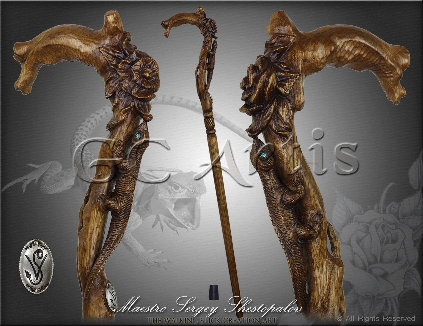 Lizard & Flower Ladies Hand Carved Walking Stick - GC-Artis Walking Sticks Canes