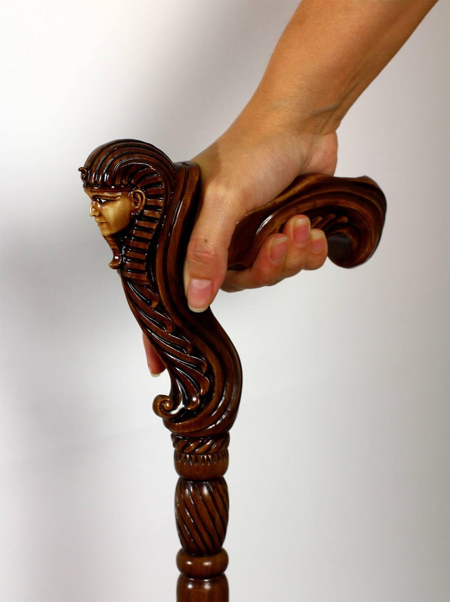 Ergonomical Handle! Wooden Walking Cane Stick Carved Egypt Pharaoh - GC-Artis Walking Sticks Canes