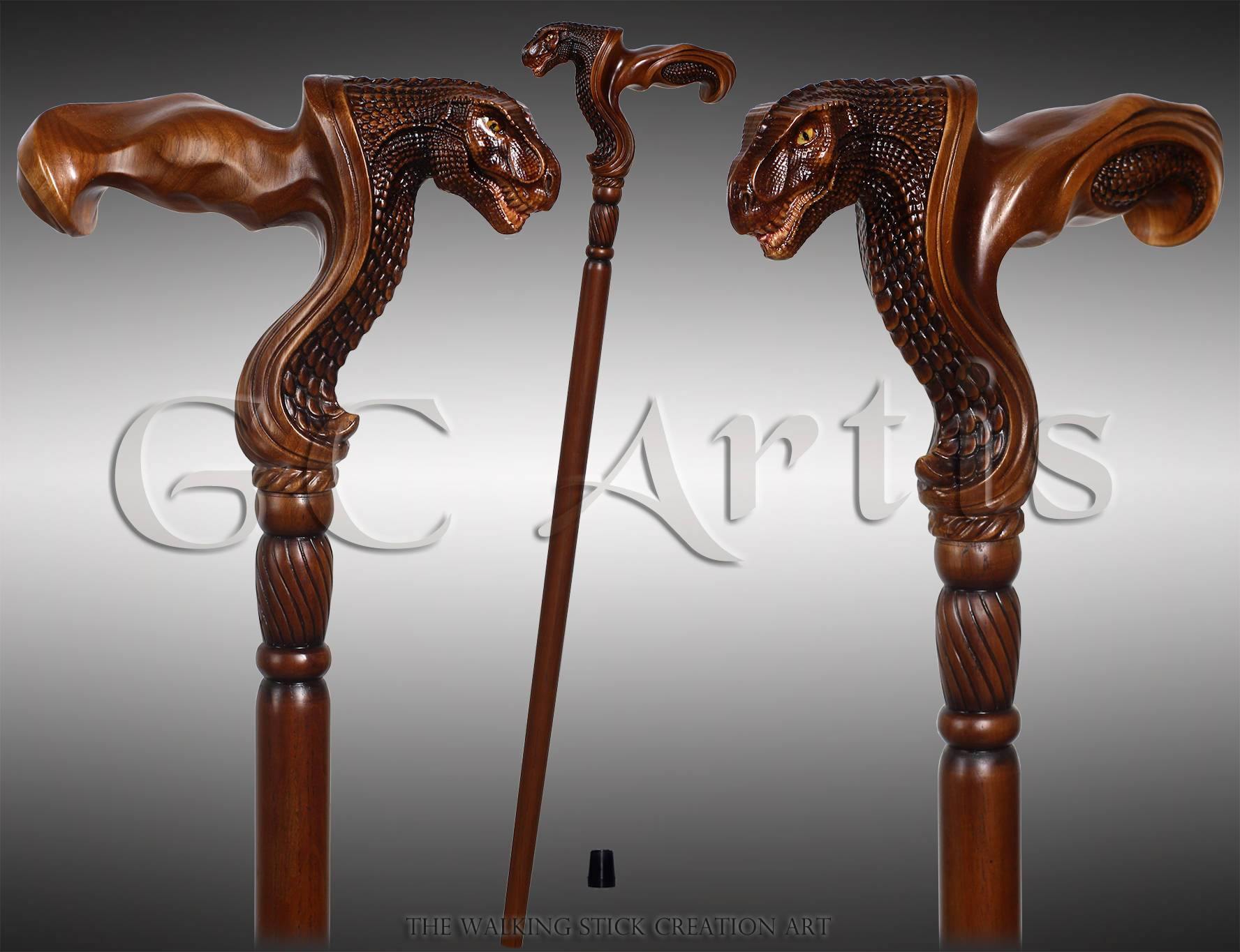 T-Rex Dinosaur Head - Ergonomical Handle Walking Stick Cane Wooden - GC-Artis Walking Sticks Canes