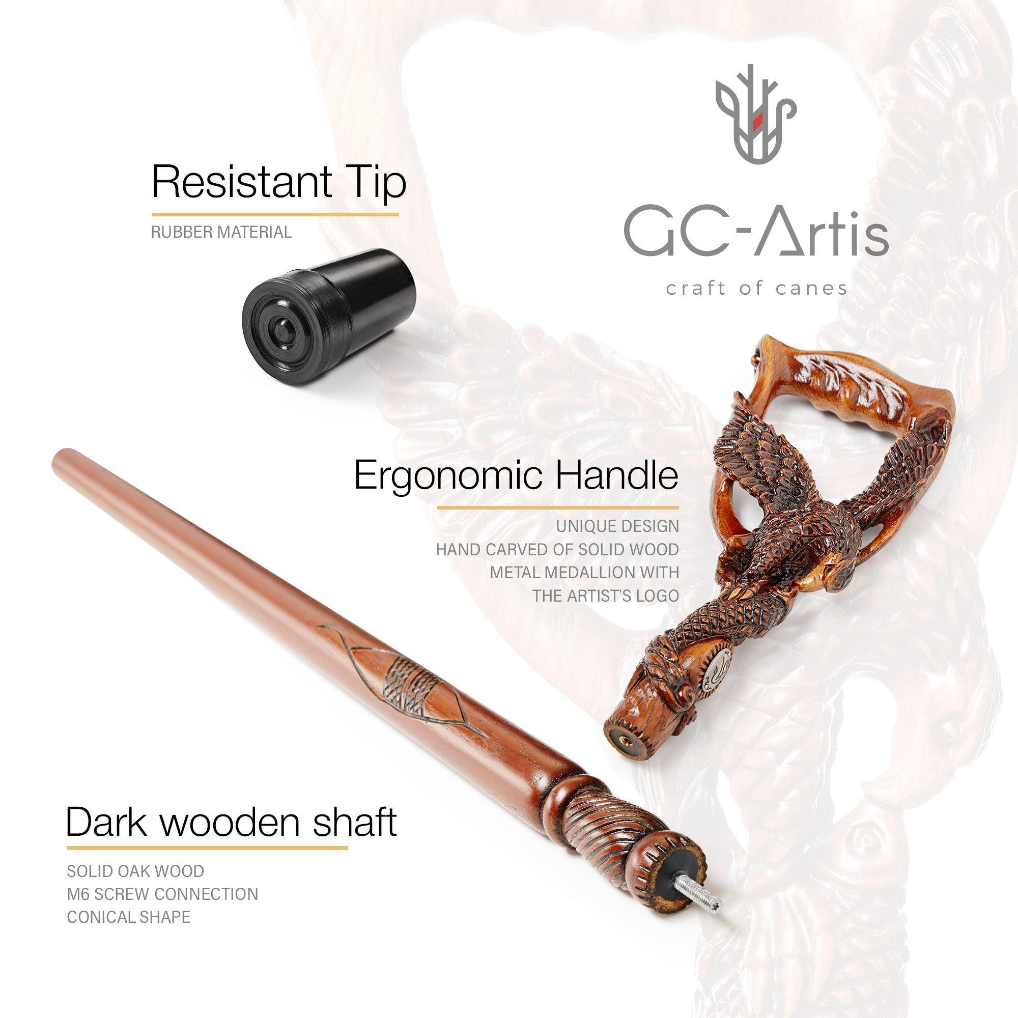 Eagle & Fish Dark Wooden Walking Stick Cane - GC-Artis Walking Sticks Canes