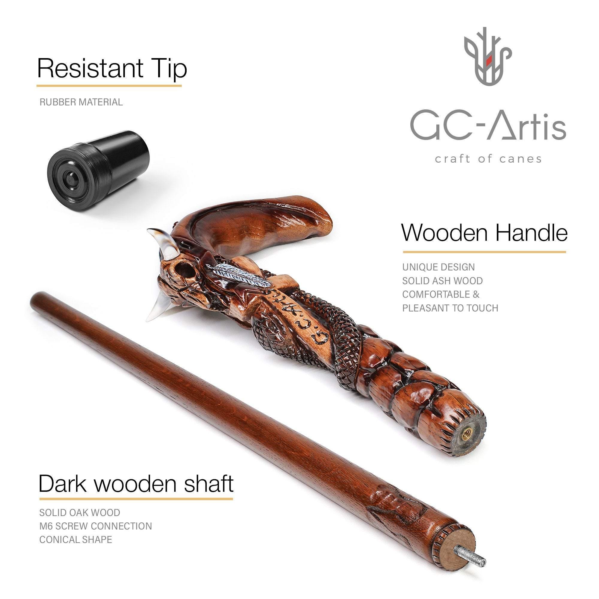 Buffalo Skull & Snake Dark Wooden Cane Walking Stick - GC-Artis Walking Sticks Canes