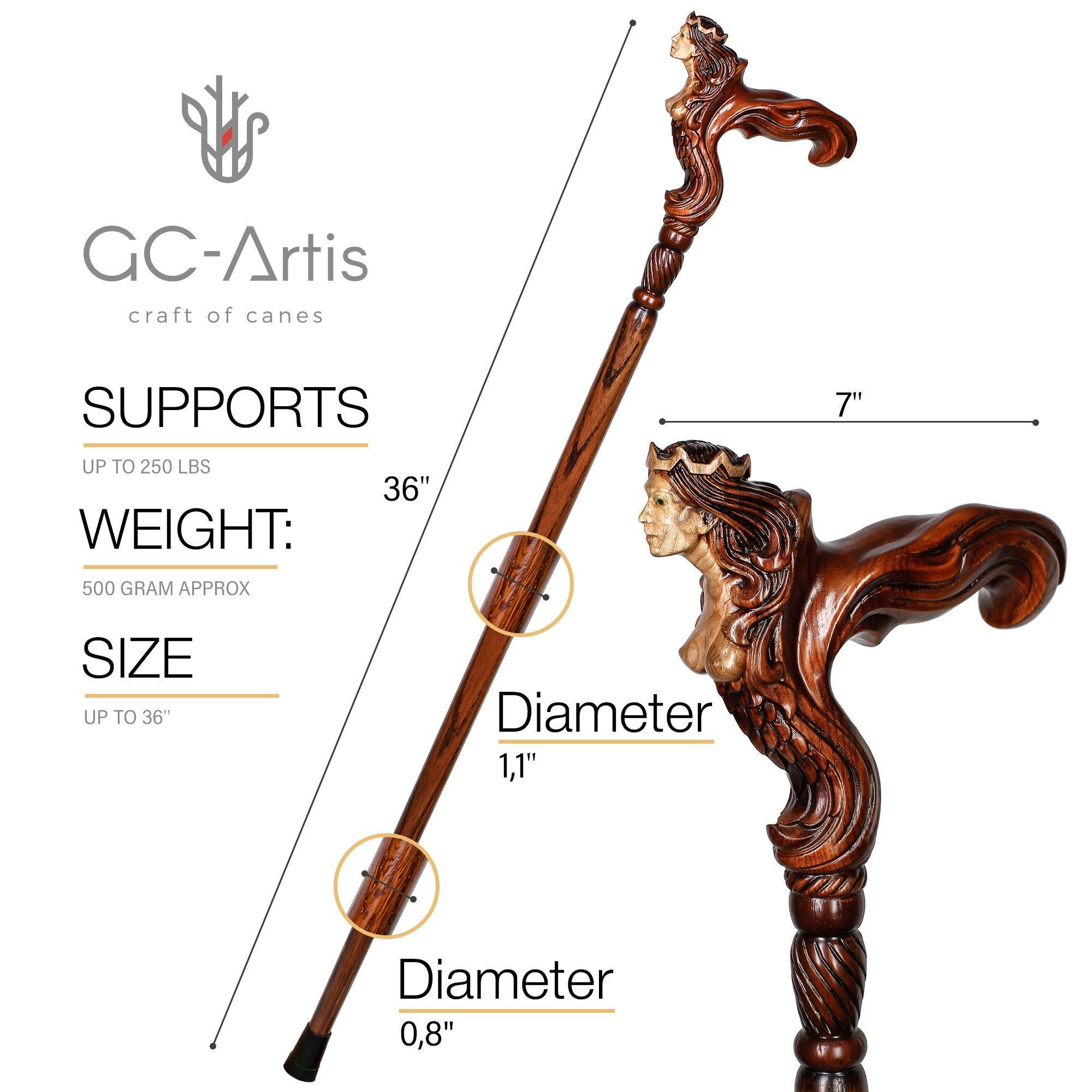 Ergonomic Palm Grip Handle Wooden Walking cane Fantasy Syren - GC-Artis Walking Sticks Canes