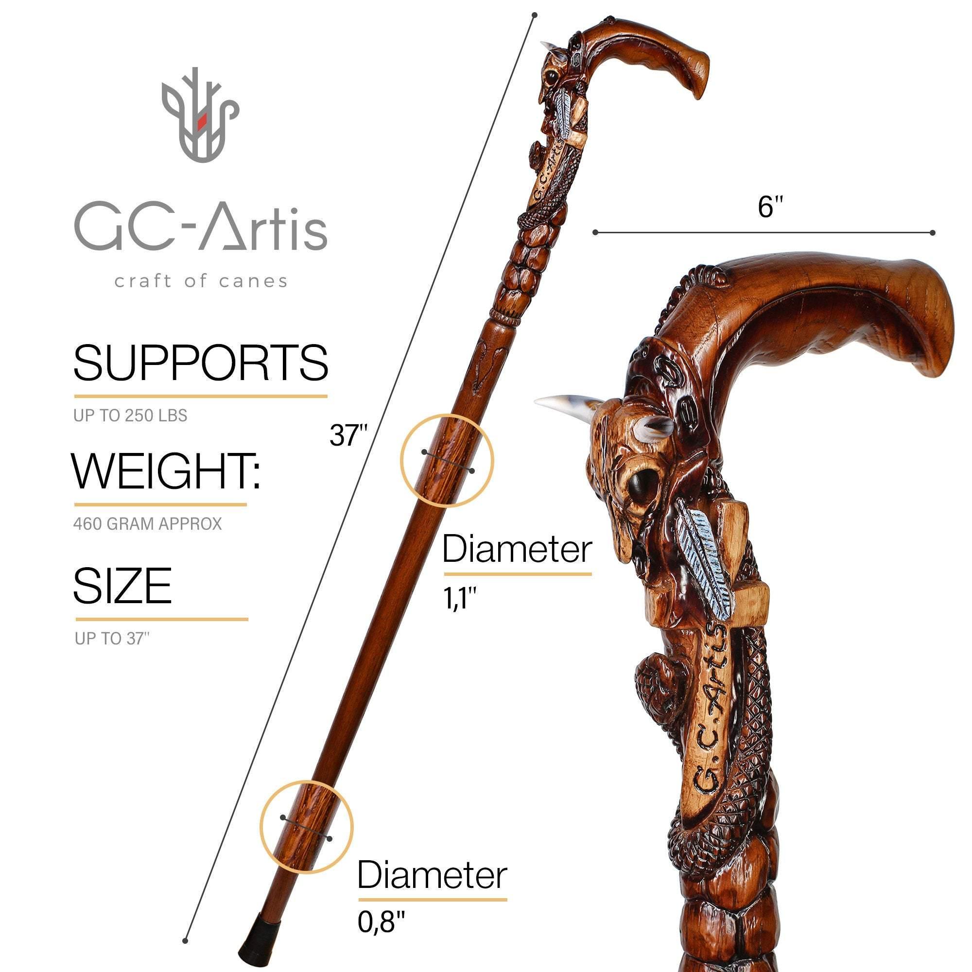 Buffalo Skull & Snake Dark Wooden Cane Walking Stick - GC-Artis Walking Sticks Canes