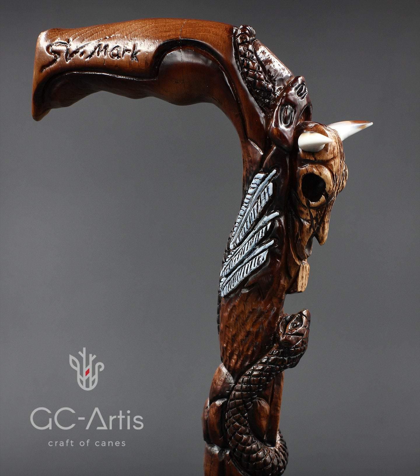 Buffalo Skull & Snake Dark Wooden Cane Walking Stick - GC-Artis Walking Sticks Canes