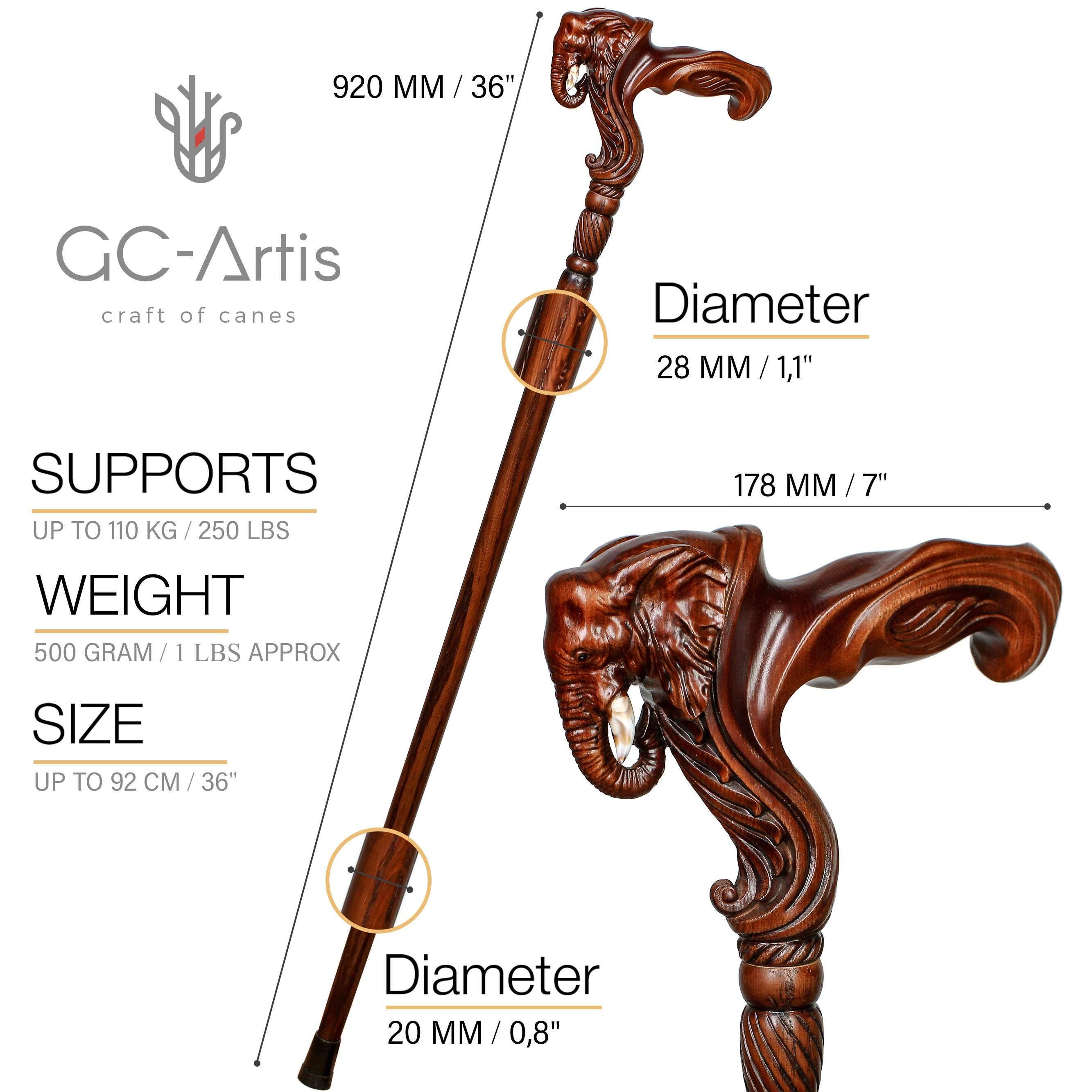 Elephant Cane Wooden Walking Stick Ergonomic Handle - GC-Artis Walking Sticks Canes