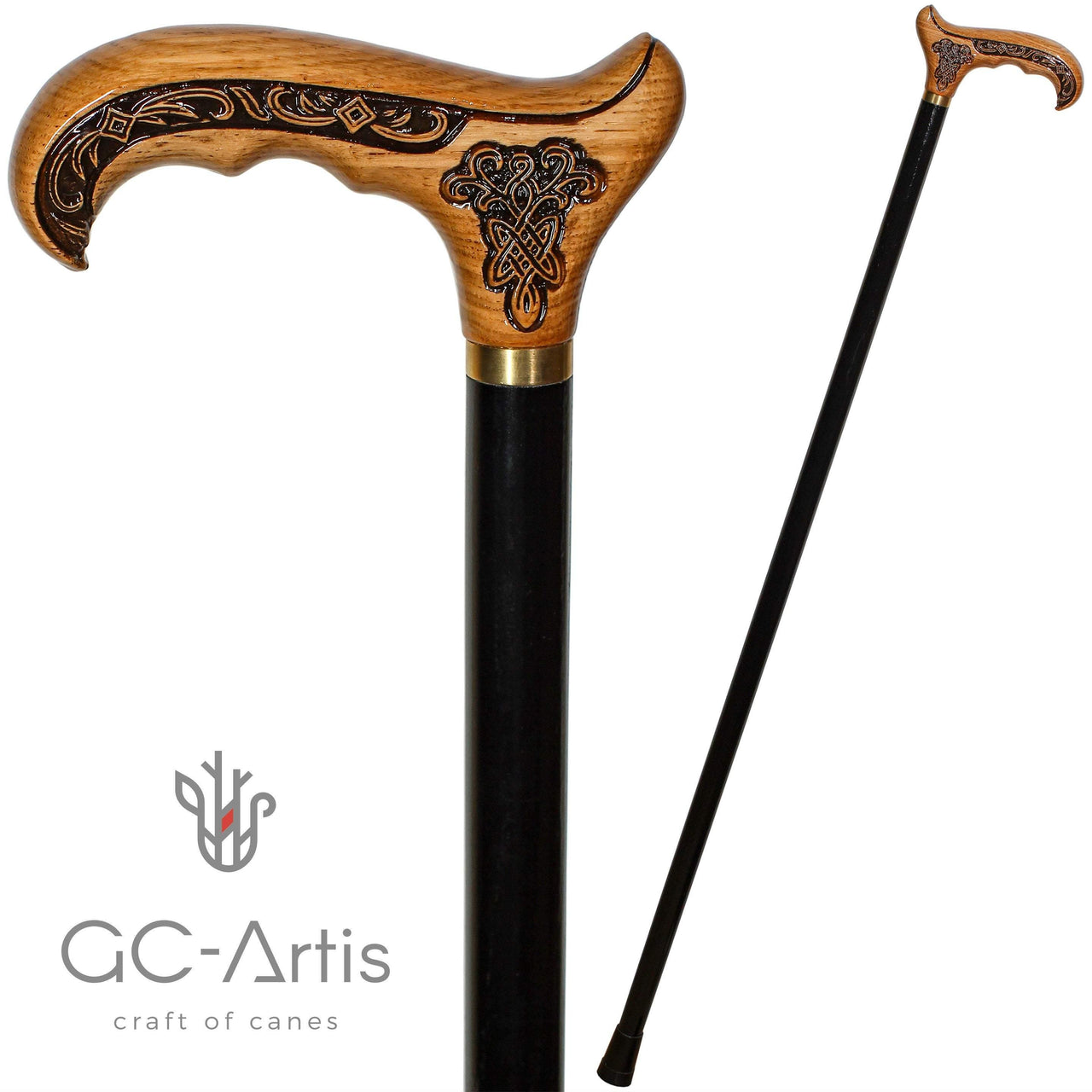 Wooden Cane Walking Stick with Celtic Ornement - GC-Artis Walking Sticks Canes