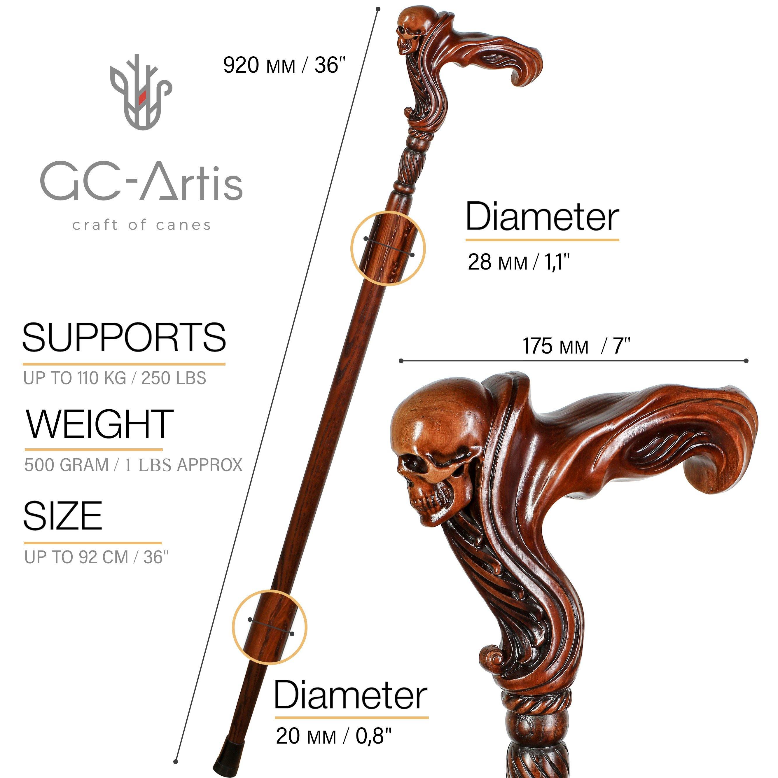 Skull Head Cane Wooden Walking Stick Anatomic Grip - GC-Artis Walking Sticks Canes