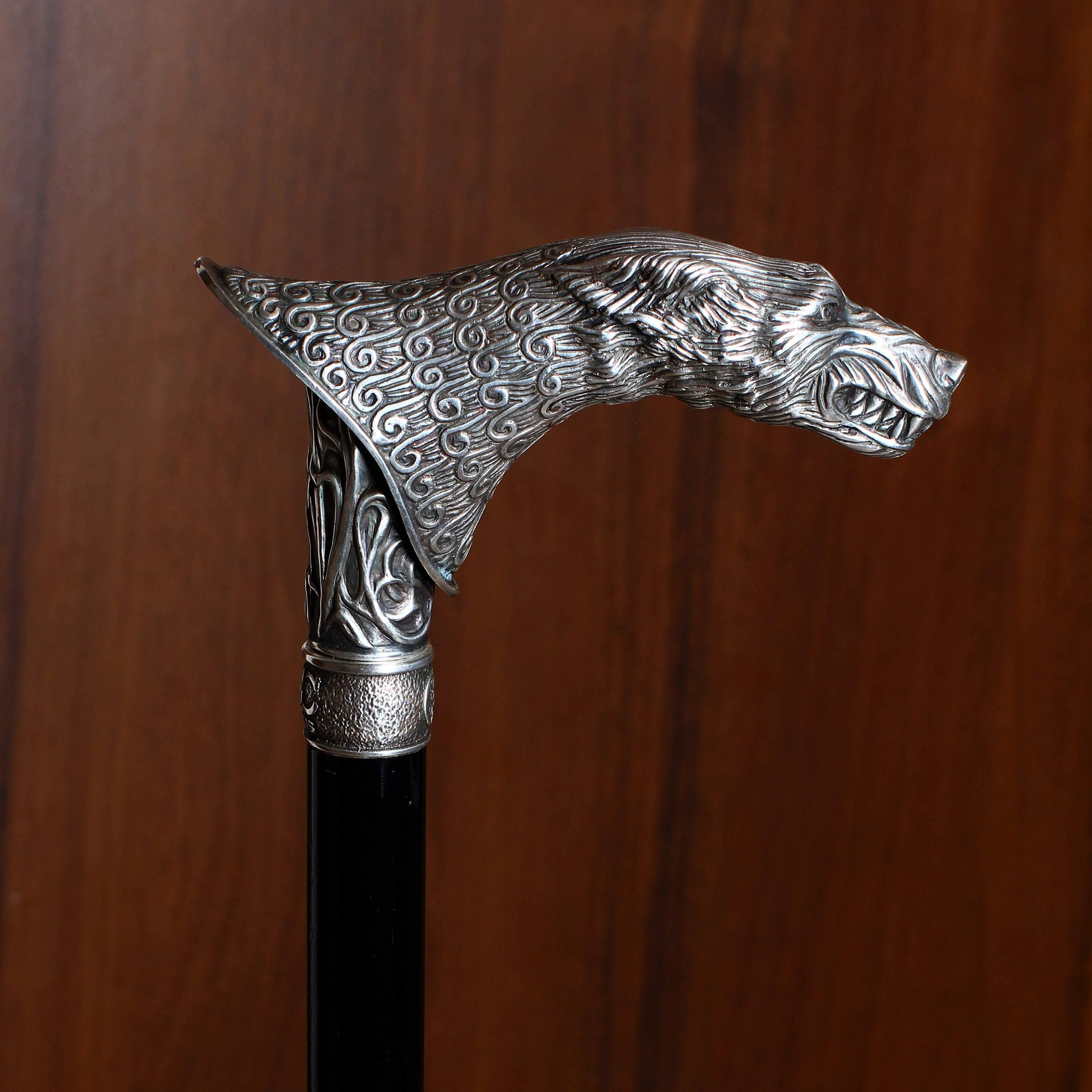 Wolf Wolfman Bronze Silver Plated Walking Stick Cane - GC-Artis Walking Sticks Canes