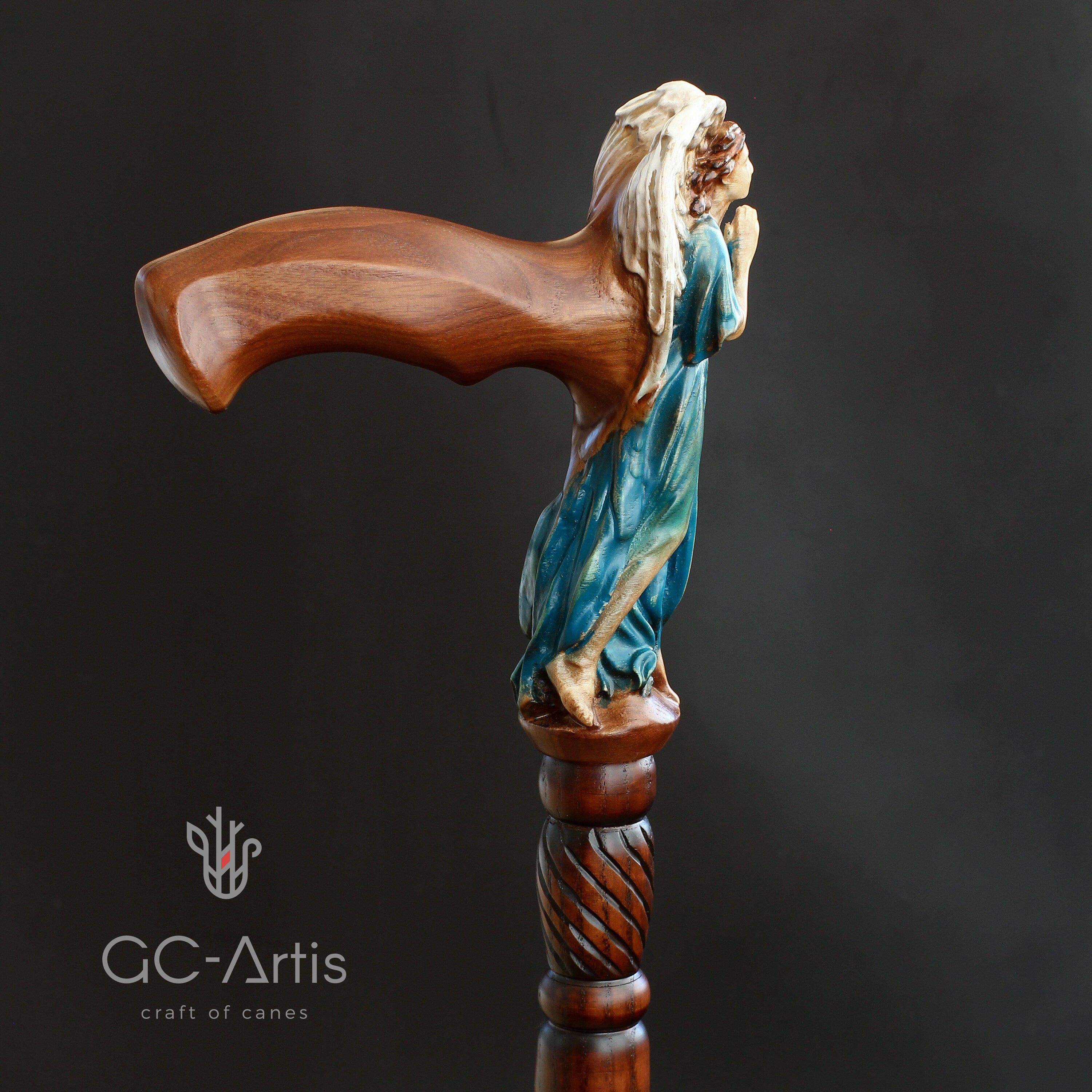 Winged Angel CANE Wooden Walking Stick Cane Crafted Carved light gift for ladies comfortable handle art wood