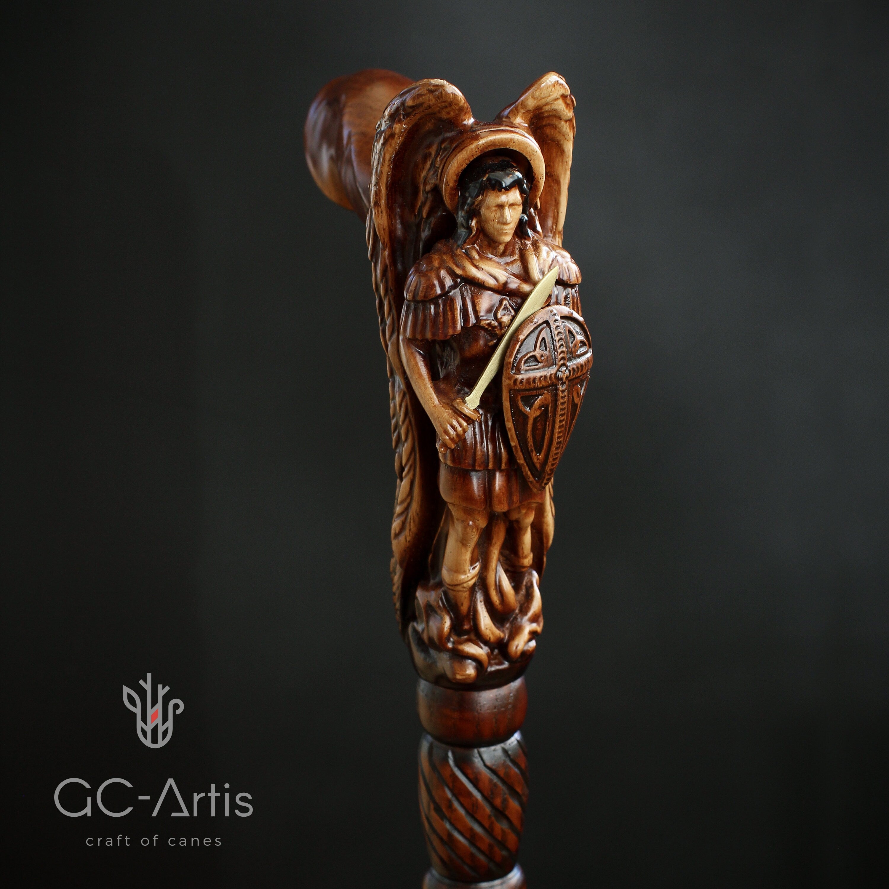 Archangel Michael Wooden Walking Stick Cane Wood Carved Crafter Wings & metal sword Cross shield comfortable handle gift for men women