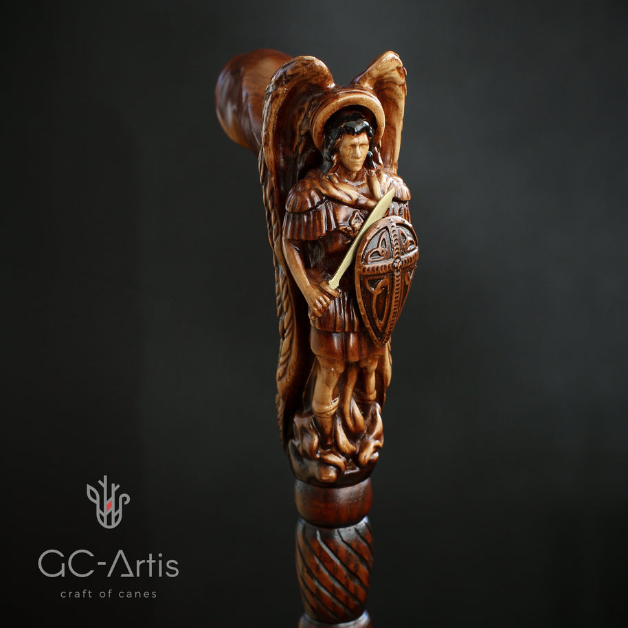 Archangel Michael Wooden Walking Stick Cane Wood Carved Crafter Wings & metal sword Cross shield comfortable handle gift for men women