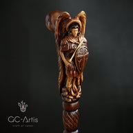 Archangel Michael Wooden Walking Stick Cane Wood Carved Crafter Wings & metal sword Cross shield comfortable handle gift for men women
