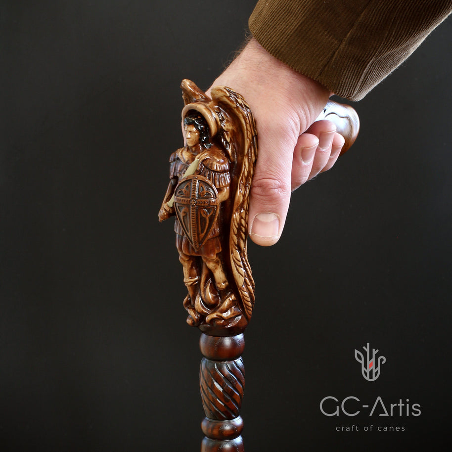 Archangel Michael Wooden Walking Stick Cane Wood Carved Crafter Wings & metal sword Cross shield comfortable handle gift for men women