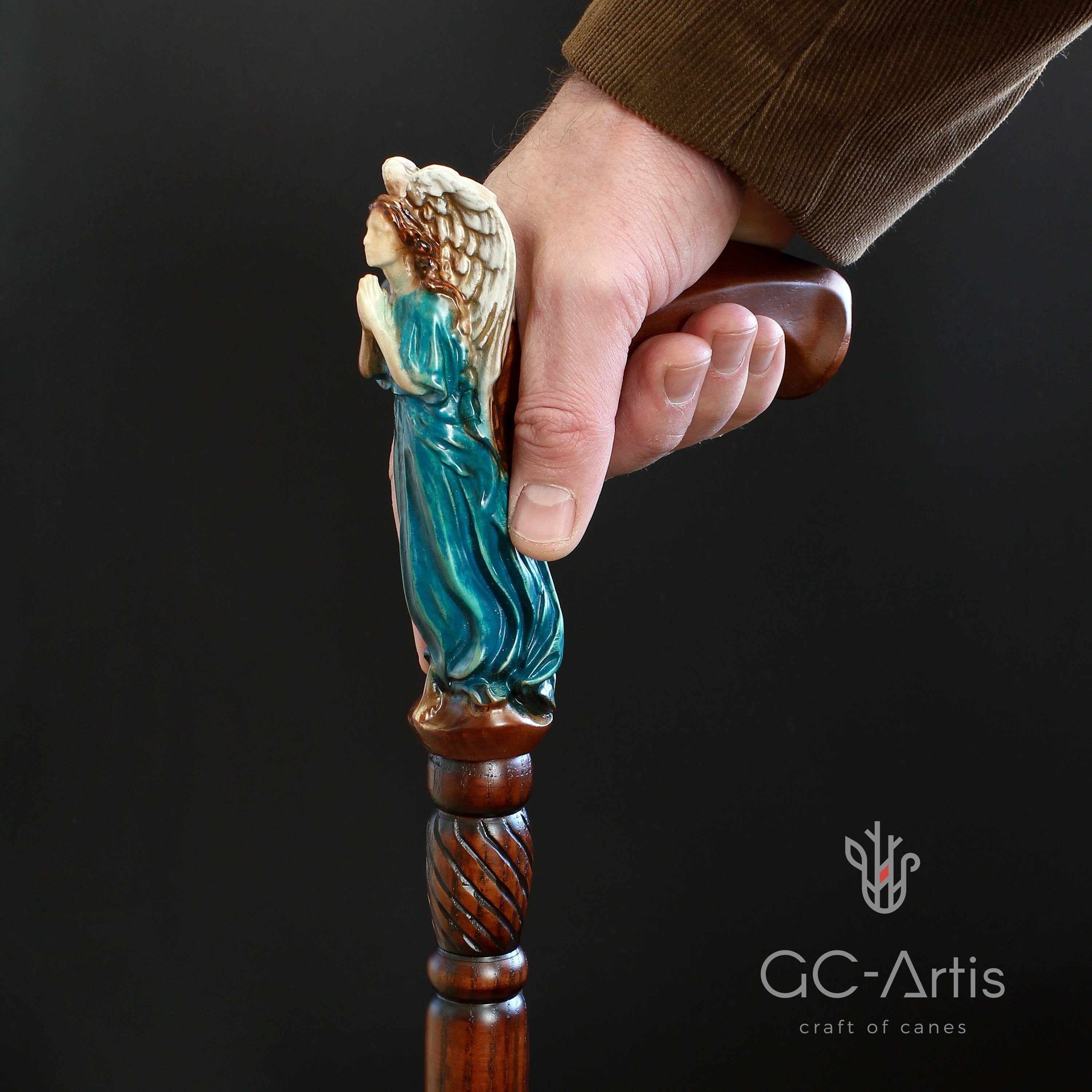 Winged Angel CANE Wooden Walking Stick Cane Crafted Carved light gift for ladies comfortable handle art wood