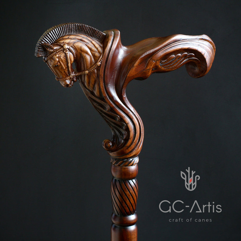 Ergonomic Palm Grip Handle Horse Wooden Cane Walking Stick