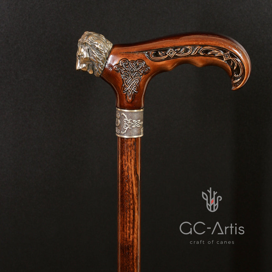 Lion Cane Walking Stick Bronze & Wooden