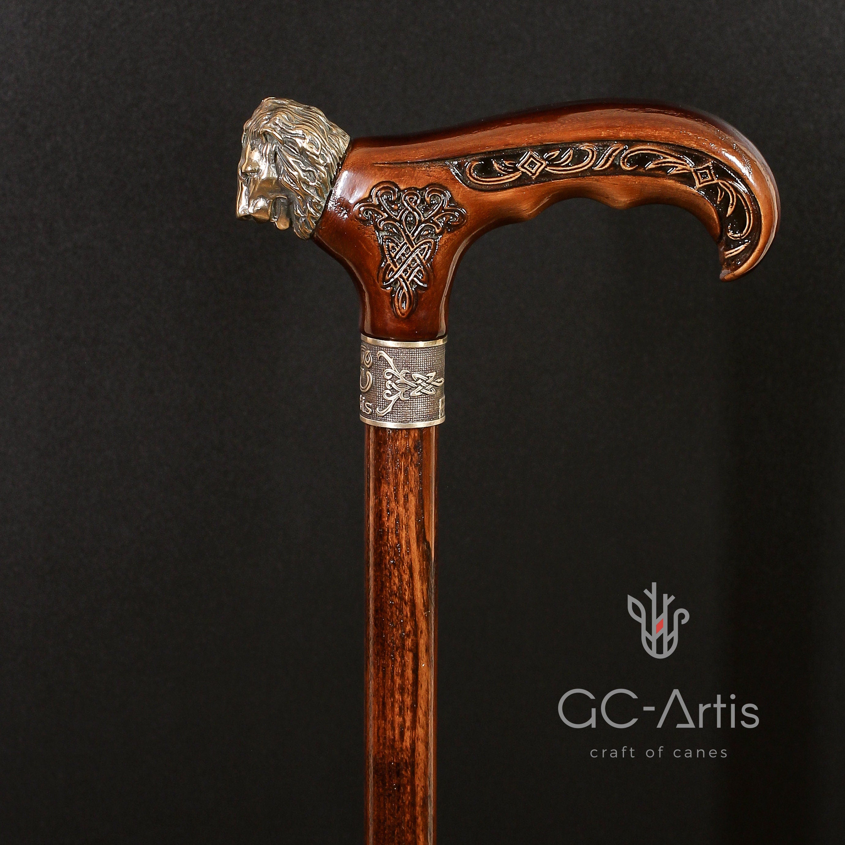 Lion Cane Walking Stick Bronze & Wooden 