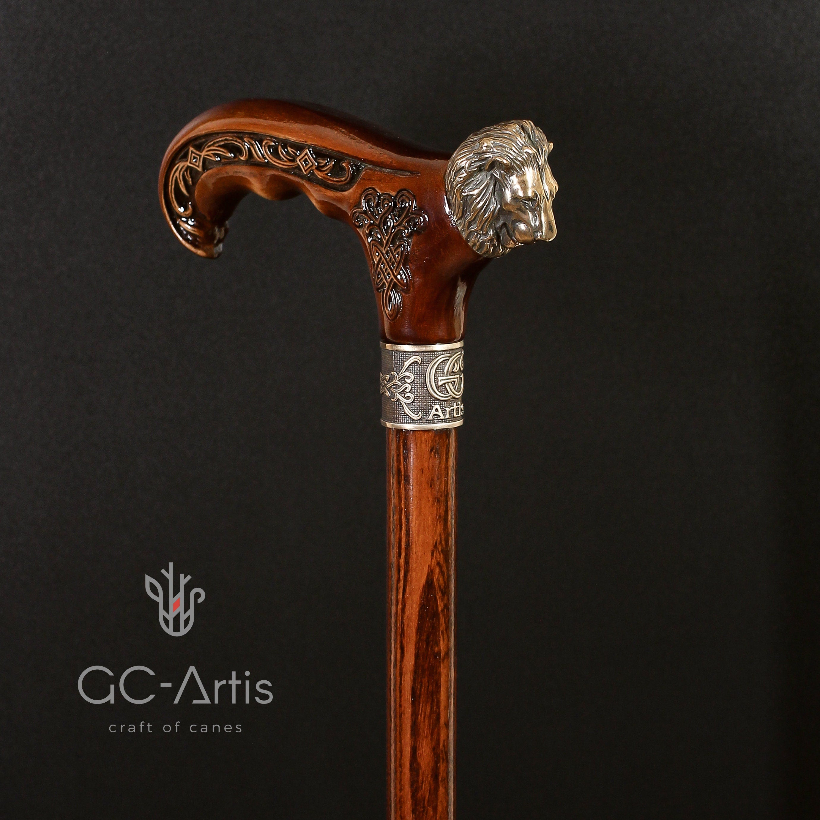 Lion Cane Walking Stick Bronze & Wooden 