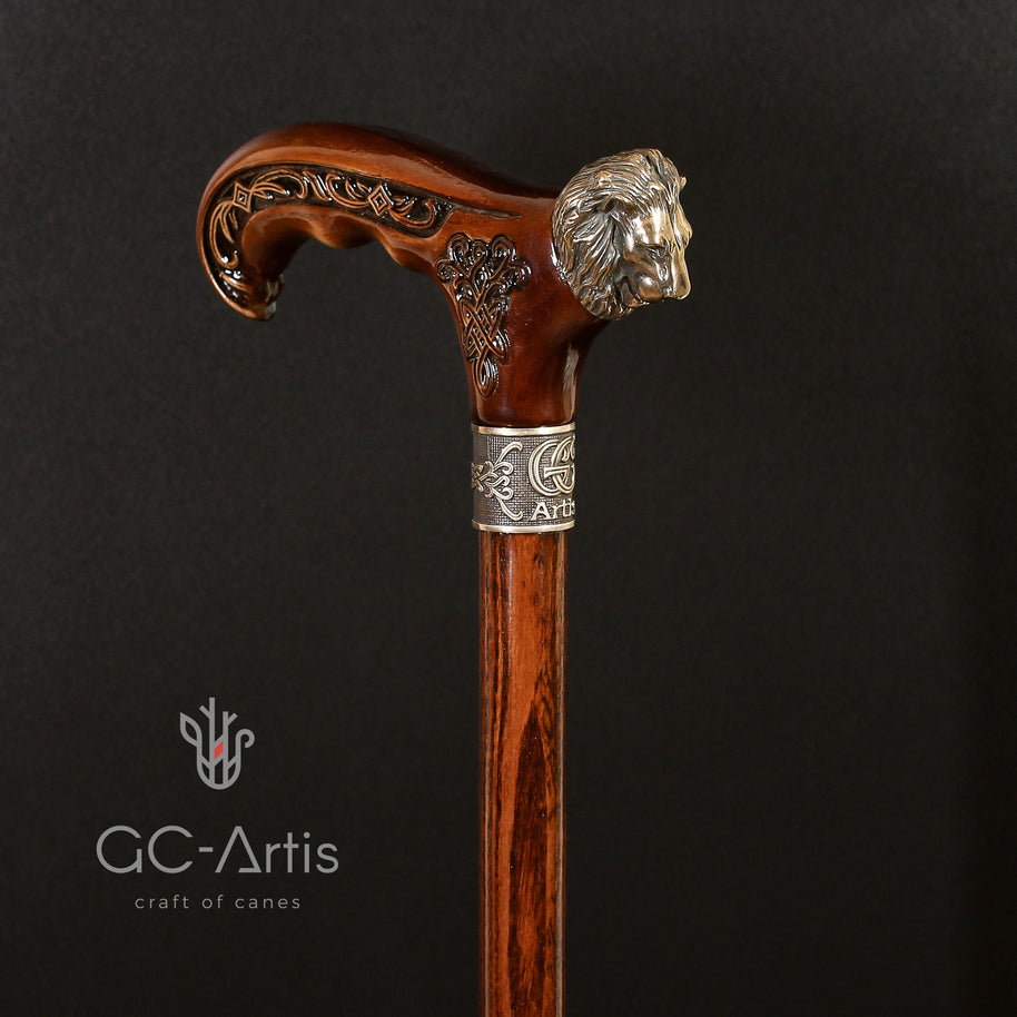 Lion Cane Walking Stick Bronze & Wooden