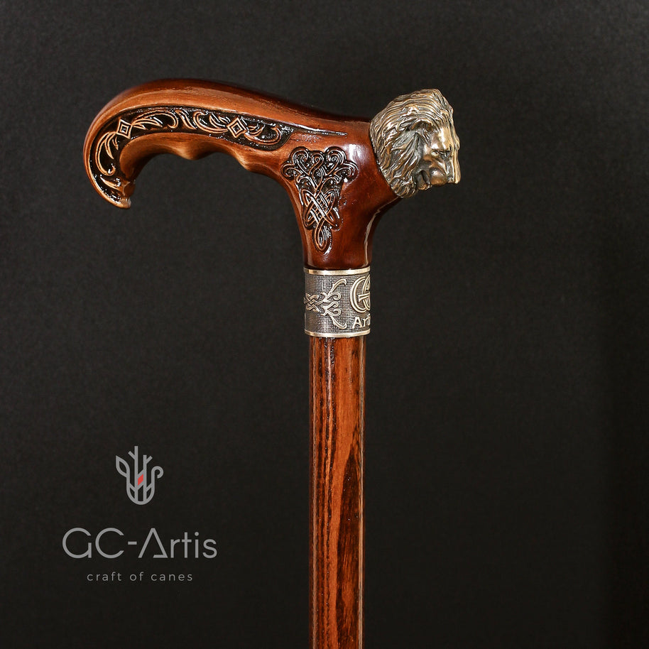 Lion Cane Walking Stick Bronze & Wooden