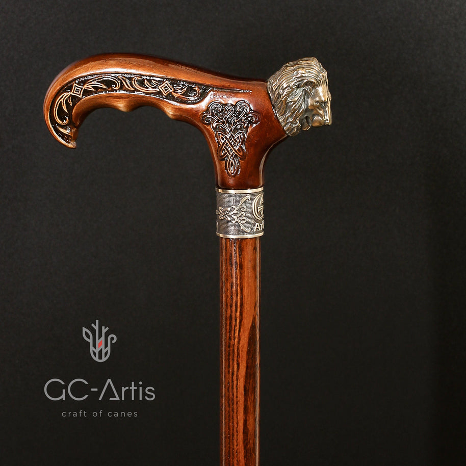 Lion Cane Walking Stick Bronze & Wooden