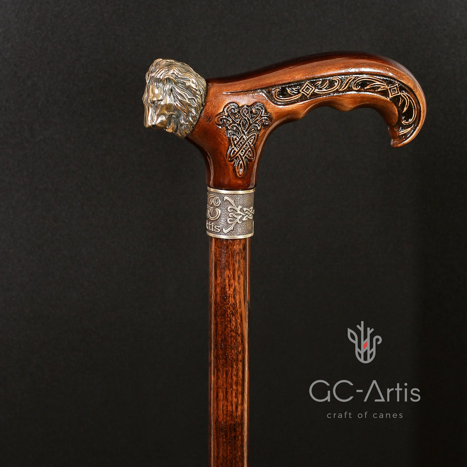 Lion Cane Walking Stick Bronze & Wooden