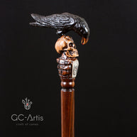 BLACK CROW & SKULL Cane Walking Stick Goth Style Wooden walking cane with hand carved handle Wood crafted handmade cane for men