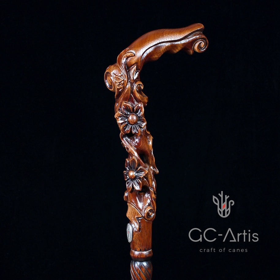 Pretty Flowers wooden walking stick cane