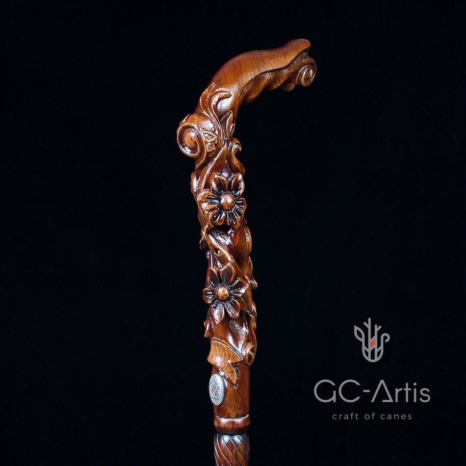 Pretty Flowers wooden walking stick cane