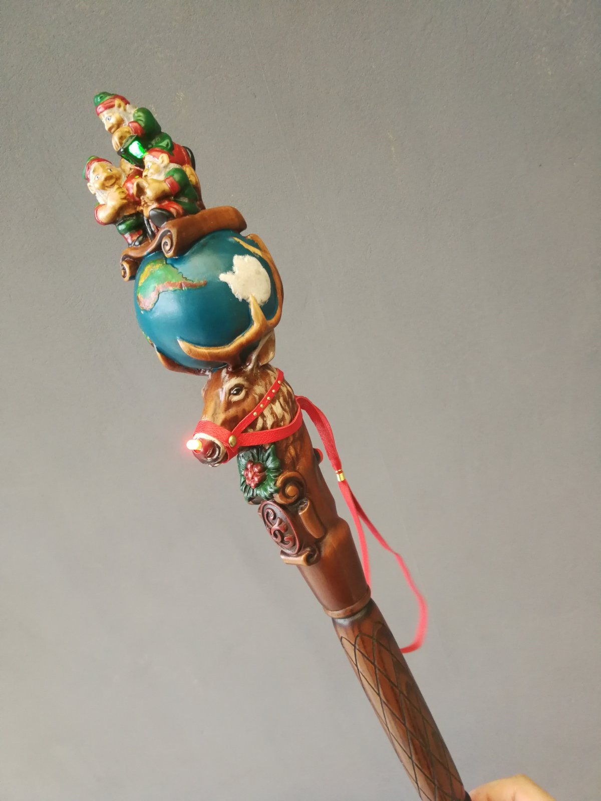 Wooden Walking Staff for Santa Claus wood carved walking stick cane with Reindeer Rudolph and Elves 