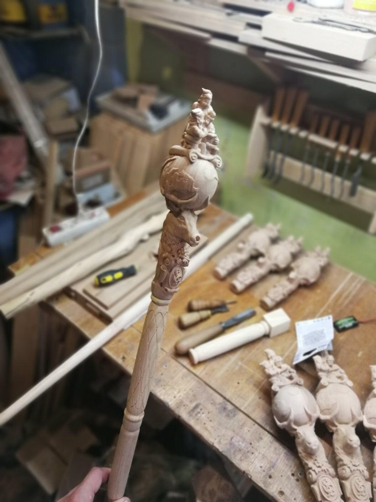 Wooden Walking Staff for Santa Claus wood carved walking stick cane with Reindeer Rudolph and Elves 