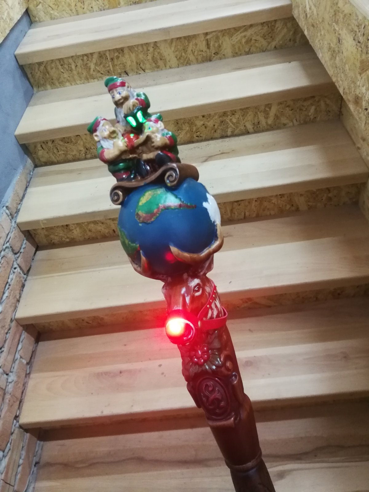 Wooden Walking Staff for Santa Claus wood carved walking stick cane with Reindeer Rudolph and Elves 