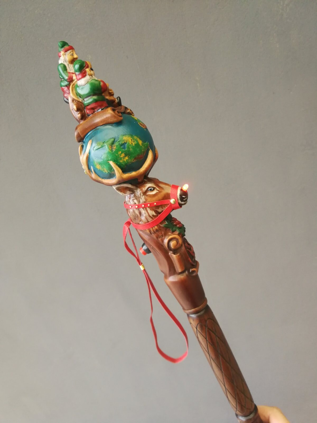 Wooden Walking Staff for Santa Claus wood carved walking stick cane with Reindeer Rudolph and Elves 